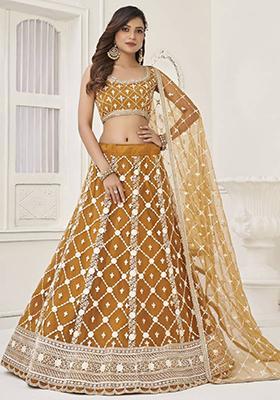 Brown Embroidered Net Lehenga Set