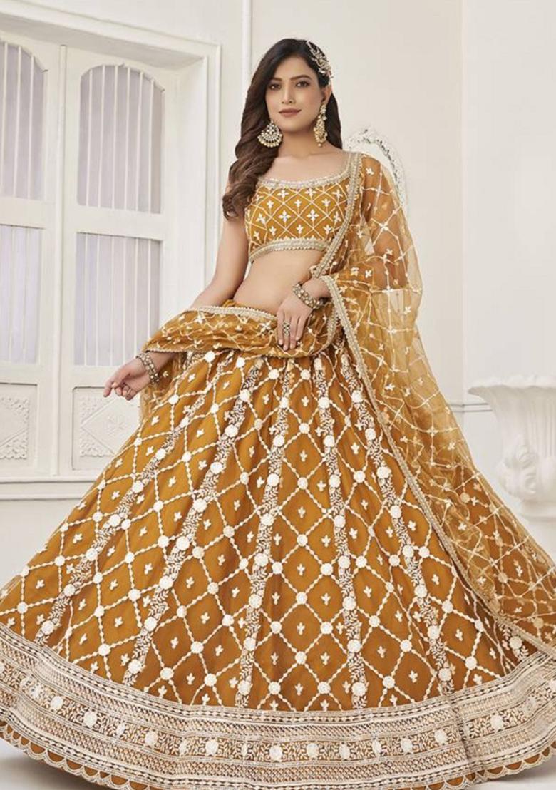 Brown Embroidered Net Lehenga Set