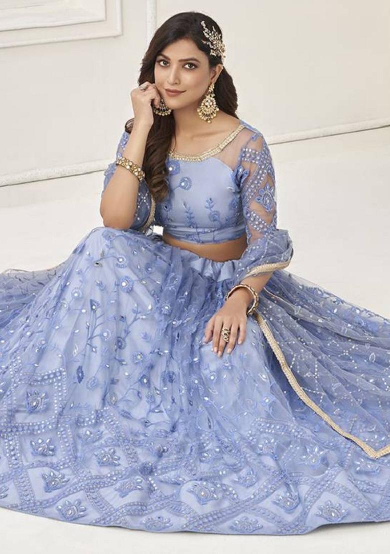 Light Blue Embroidered Net Lehenga Set