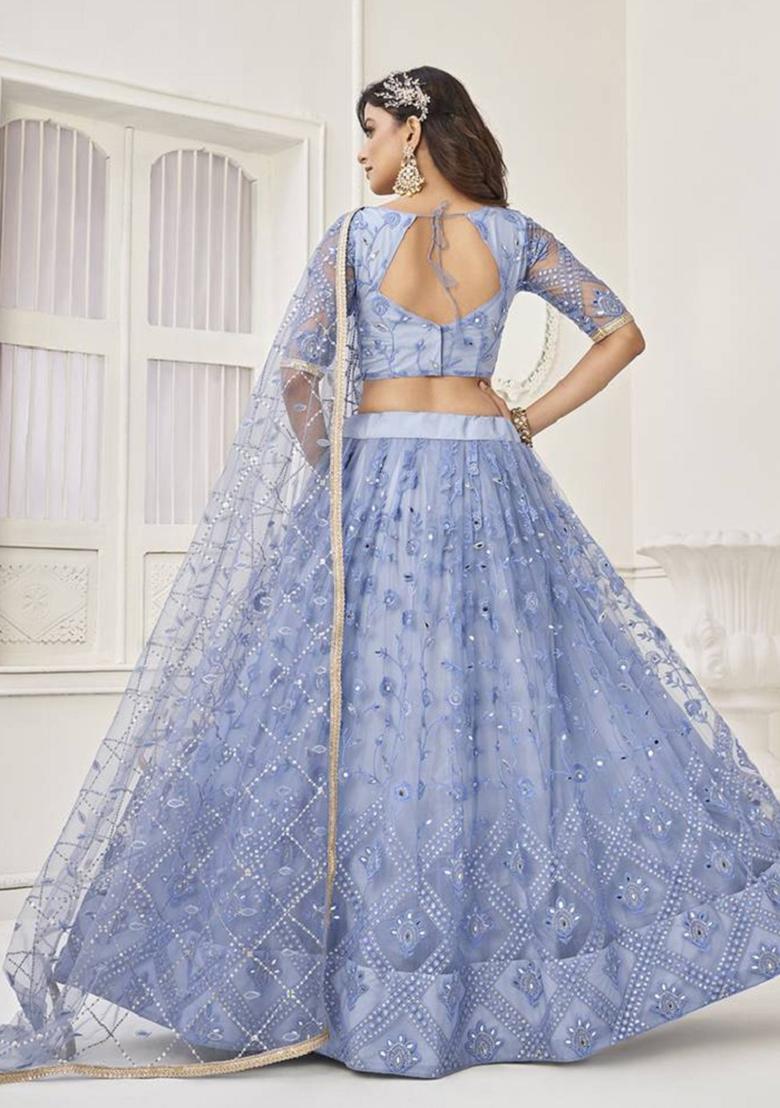 Light Blue Embroidered Net Lehenga Set