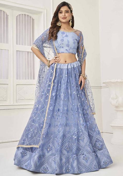 Light Blue Embroidered Net Lehenga Set