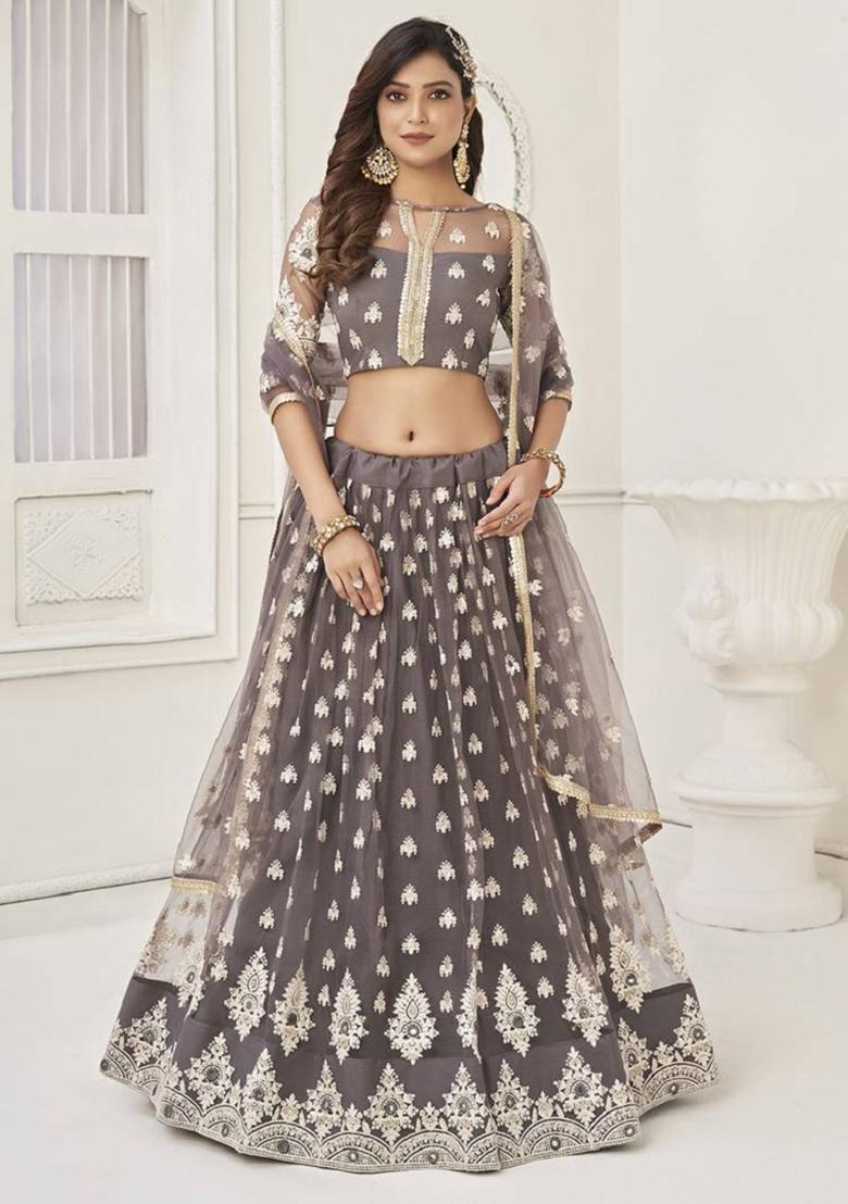 Grey Embroidered Net Lehenga Set