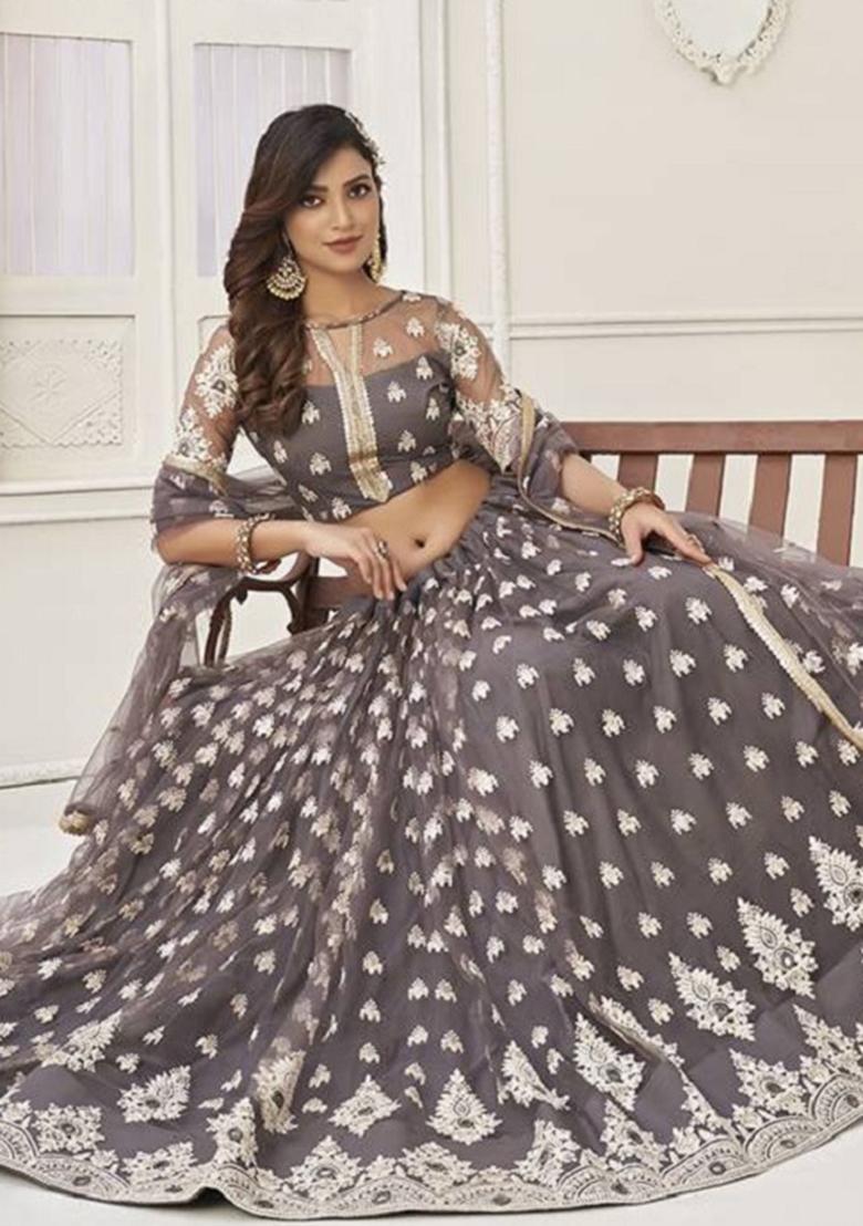 Grey Embroidered Net Lehenga Set