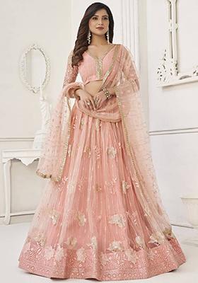 Peach Embroidered Net Lehenga Set