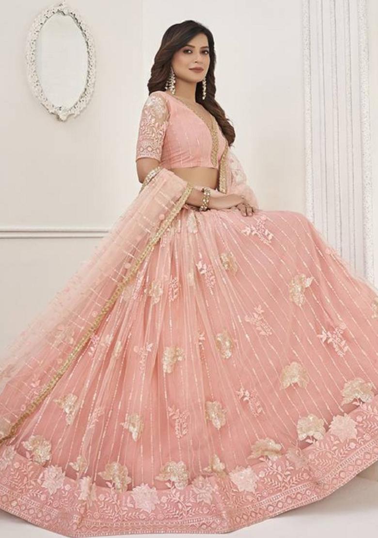 Peach Embroidered Net Lehenga Set