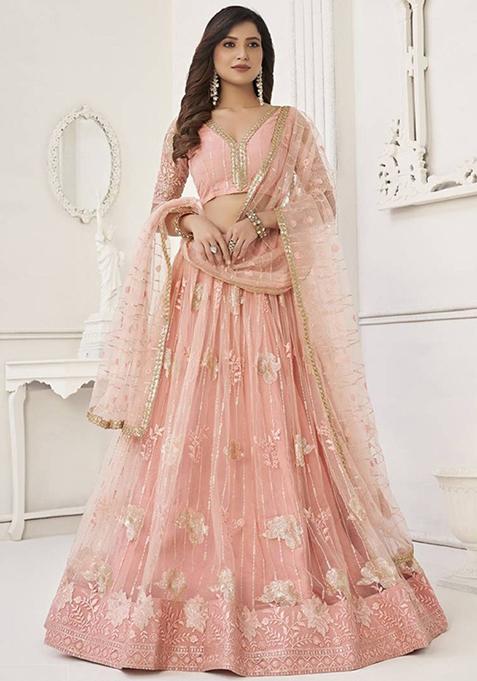 Peach Embroidered Net Lehenga Set