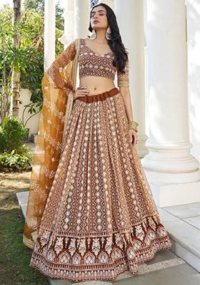Brown Embroidered Net Lehenga Set