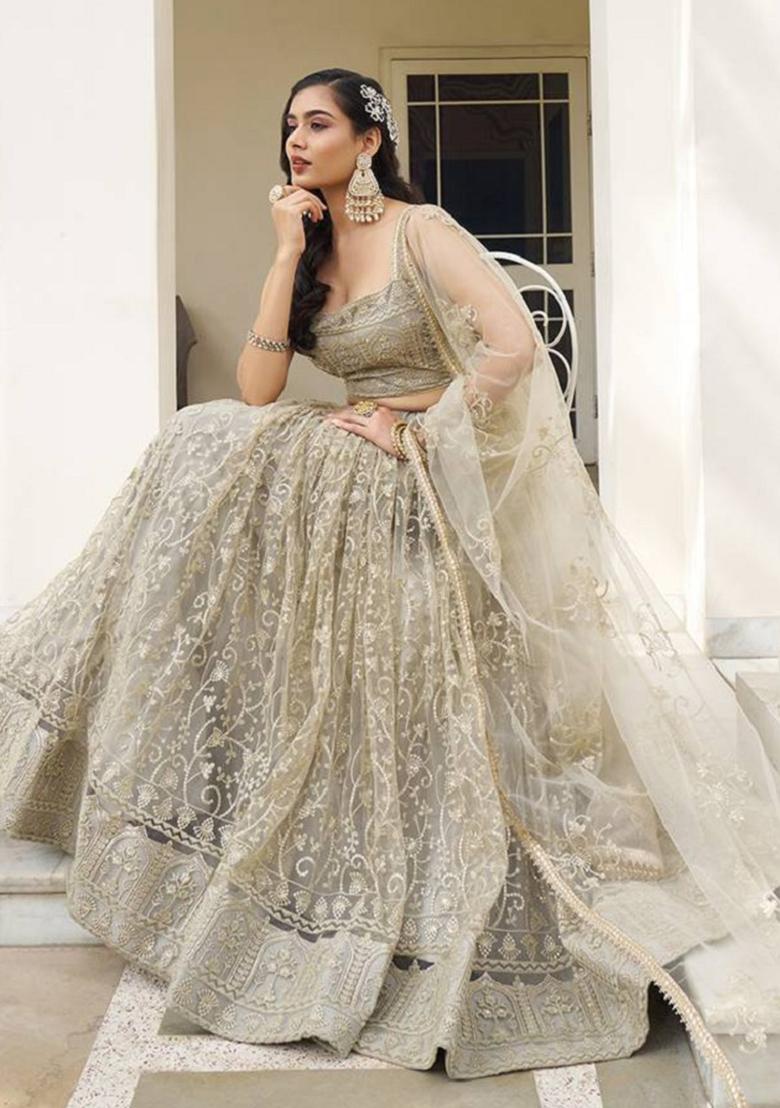 Ivory Embroidered Net Lehenga Set