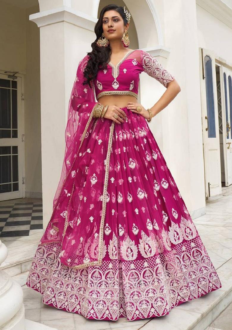 Rani Pink Embroidered Net Lehenga Set