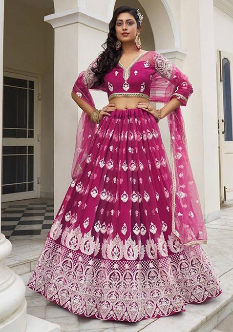 Rani Pink Embroidered Net Lehenga Set
