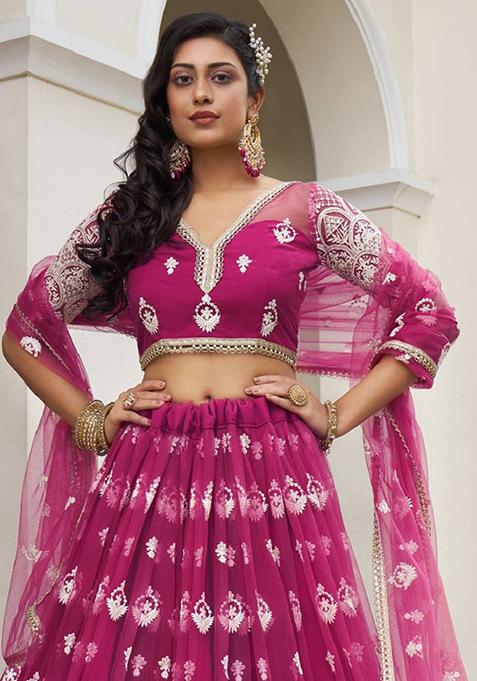 Rani Pink Embroidered Net Lehenga Set