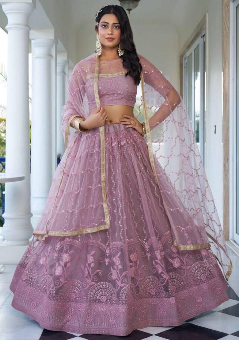 Pink Embroidered Net Lehenga Set