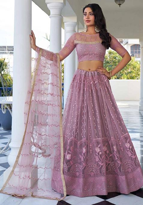 Pink Embroidered Net Lehenga Set