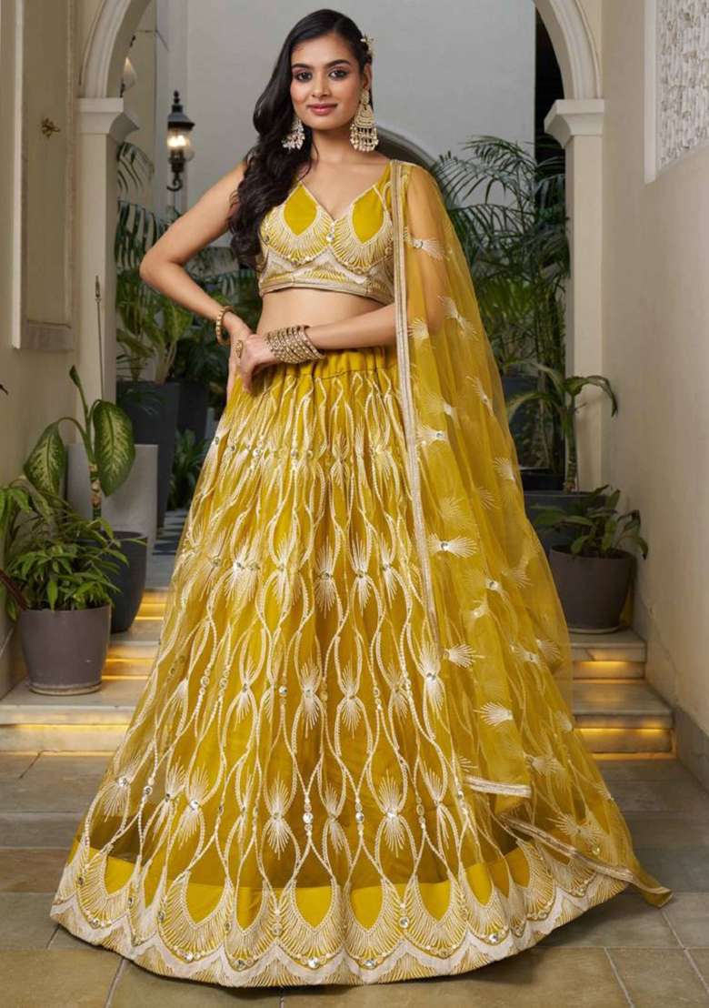 Yellow Embroidered Net Lehenga Set - Indya