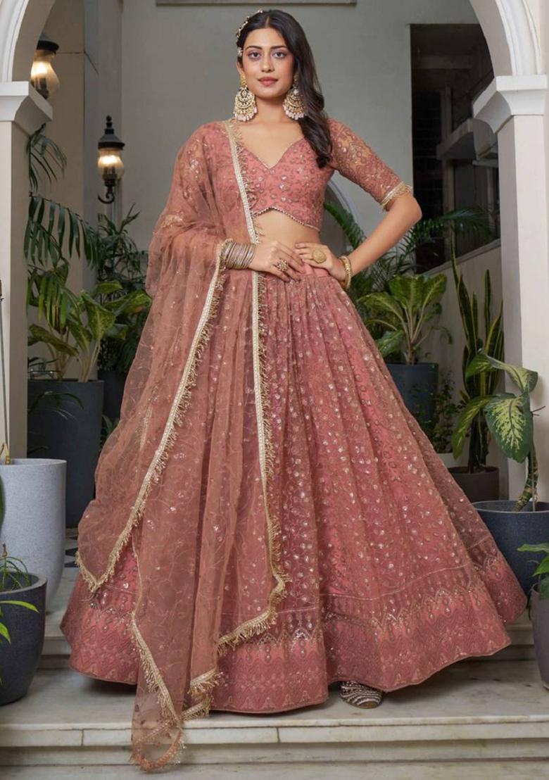 Dusty Pink Embroidered Net Lehenga Set