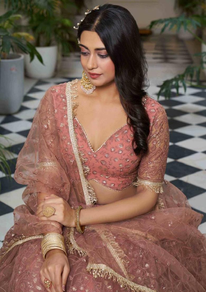 Dusty Pink Embroidered Net Lehenga Set