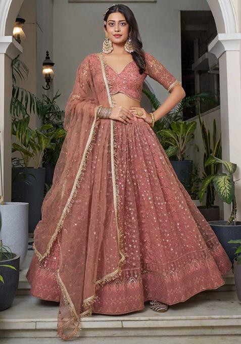 Dusty Pink Embroidered Net Lehenga Set