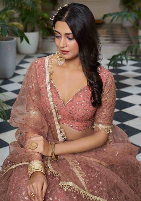 Dusty Pink Embroidered Net Lehenga Set