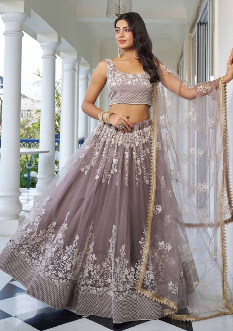 Grey Embroidered Net Lehenga Set - Indya