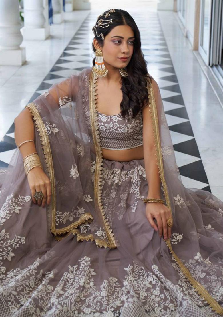 Grey Embroidered Net Lehenga Set