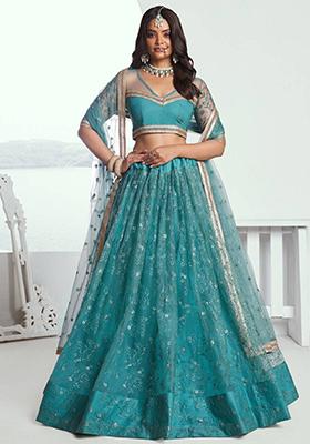 Rama Blue Embroidered Net Lehenga Set