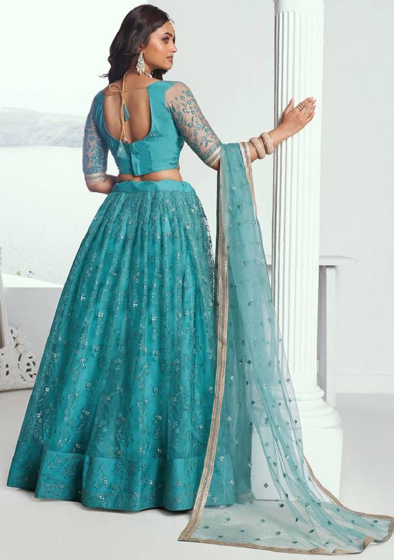 Rama Blue Embroidered Net Lehenga Set