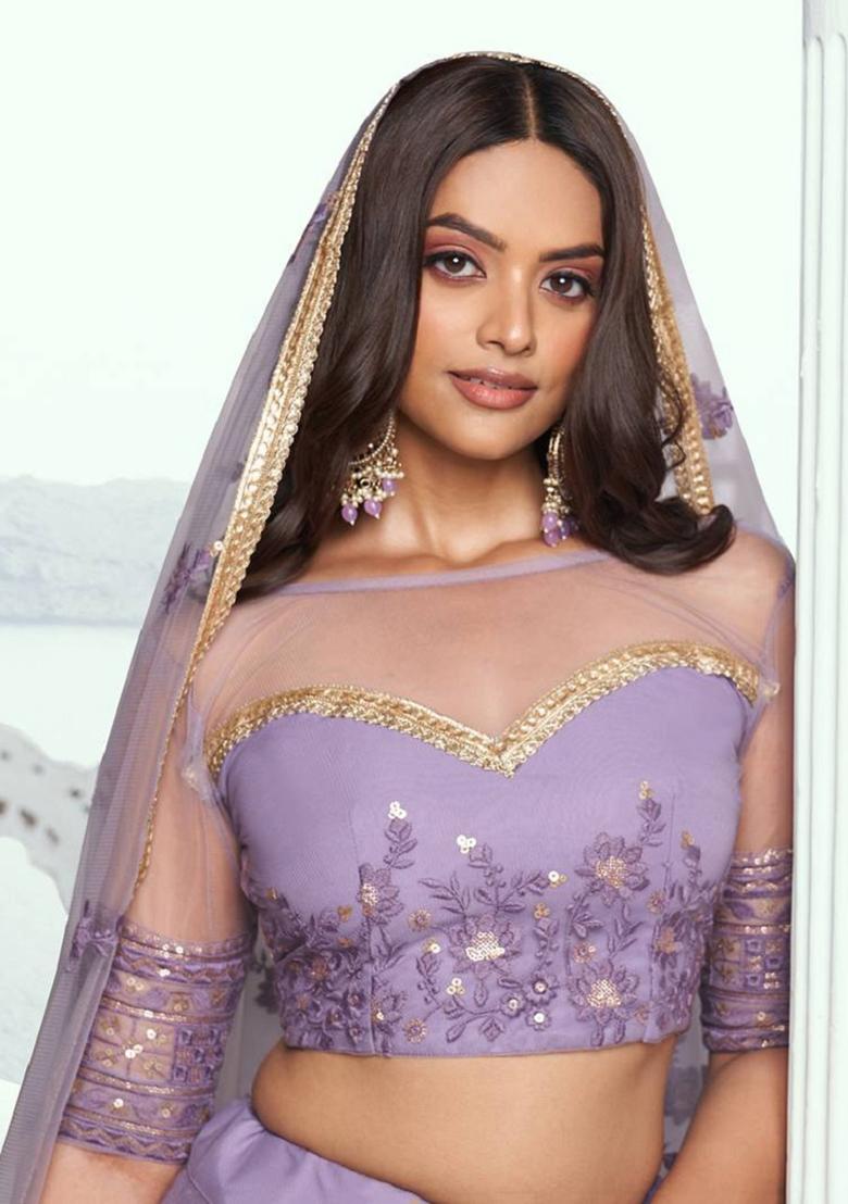 Lavender Embroidered Net Lehenga Set