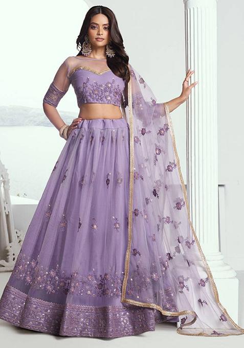 Lavender Embroidered Net Lehenga Set