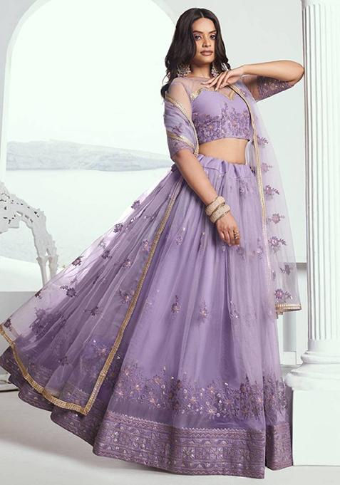 Lavender Embroidered Net Lehenga Set