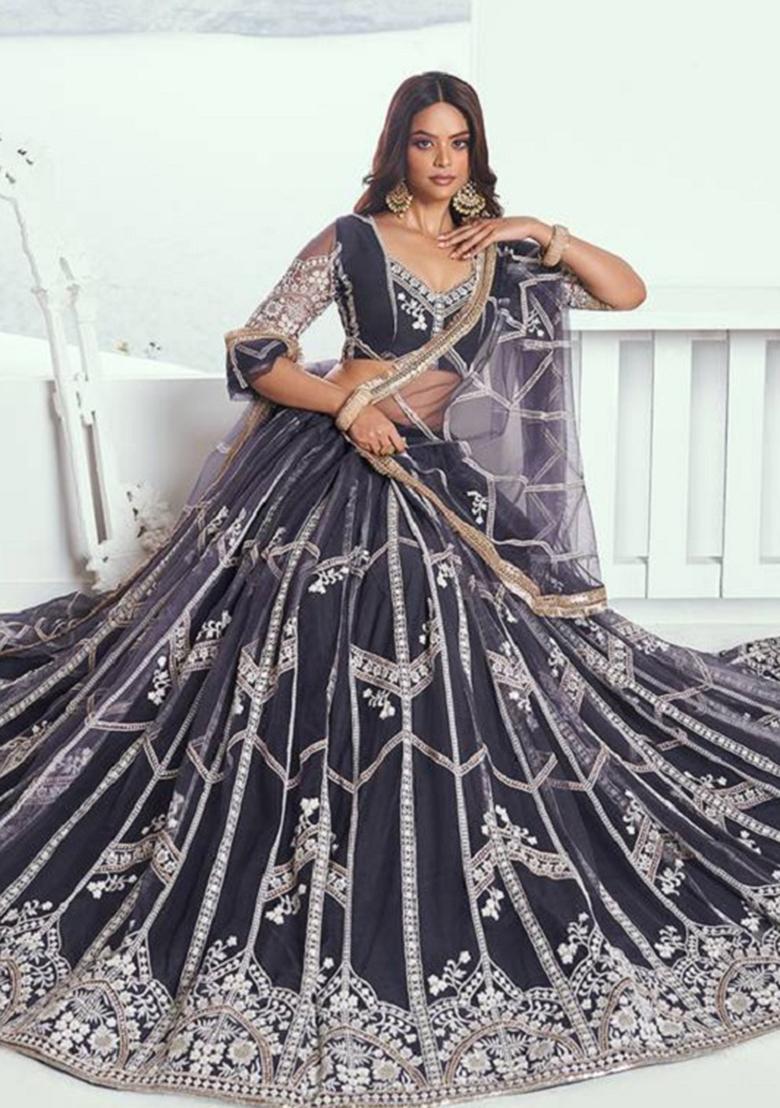 Slate Grey Embroidered Net Lehenga Set