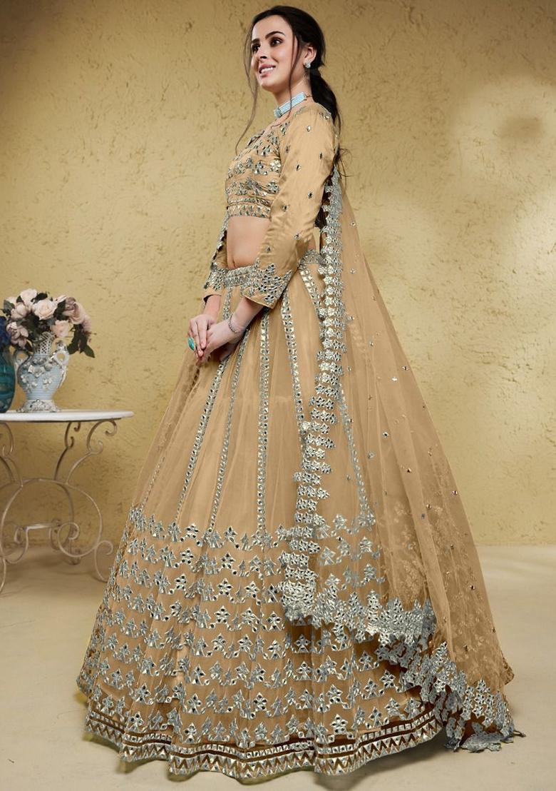 Beige Embroidered Net Lehenga Set