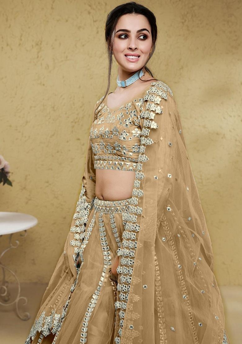 Beige Embroidered Net Lehenga Set