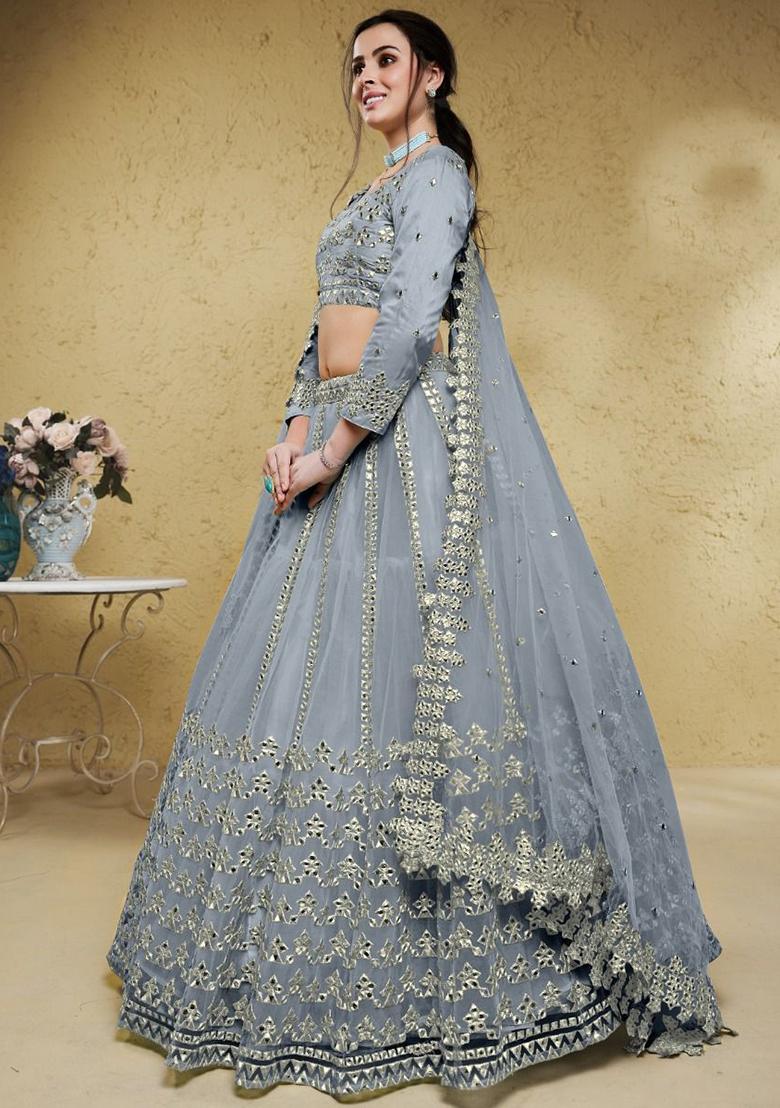 Grey Embroidered Net Lehenga Set