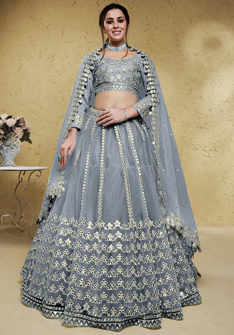 Grey Embroidered Net Lehenga Set