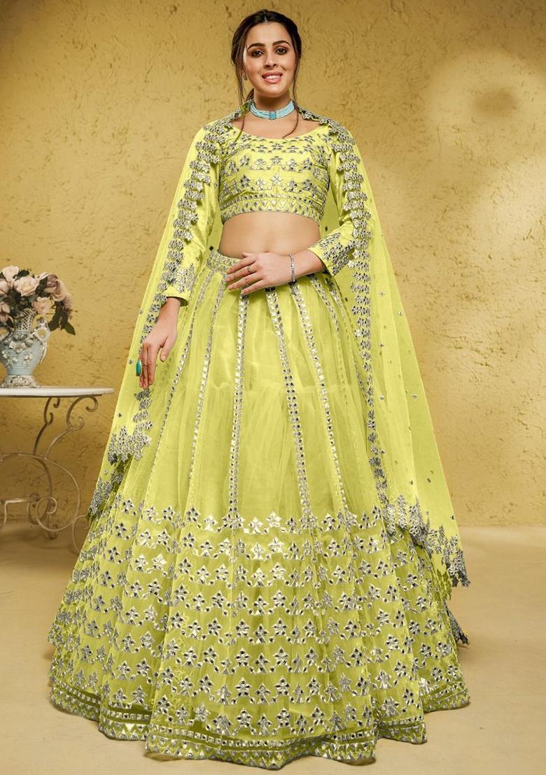Lime Green Embroidered Net Lehenga Set