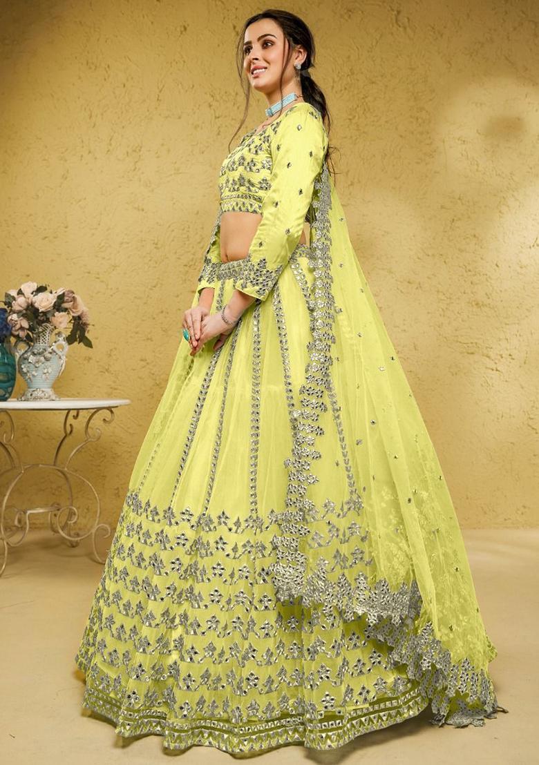 Lime Green Embroidered Net Lehenga Set