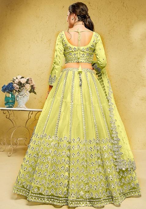 Lime Green Embroidered Net Lehenga Set