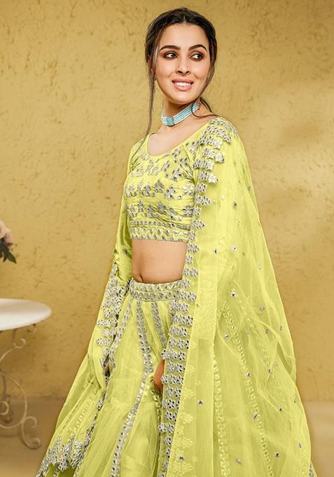 Lime Green Embroidered Net Lehenga Set