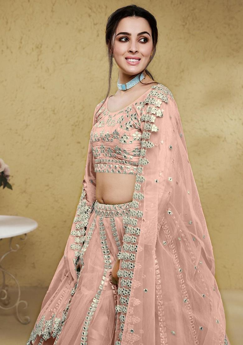 Pink Embroidered Net Lehenga Set