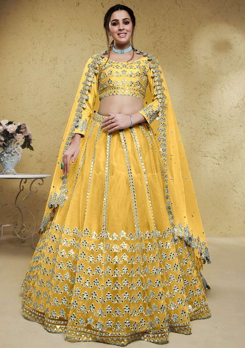 Yellow Net Lehenga Set with Embroidered for Diwali | Wedding & Festive Wear - Indya