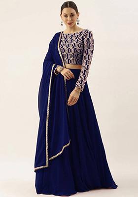 Blue Embroidered Georgette Lehenga Set