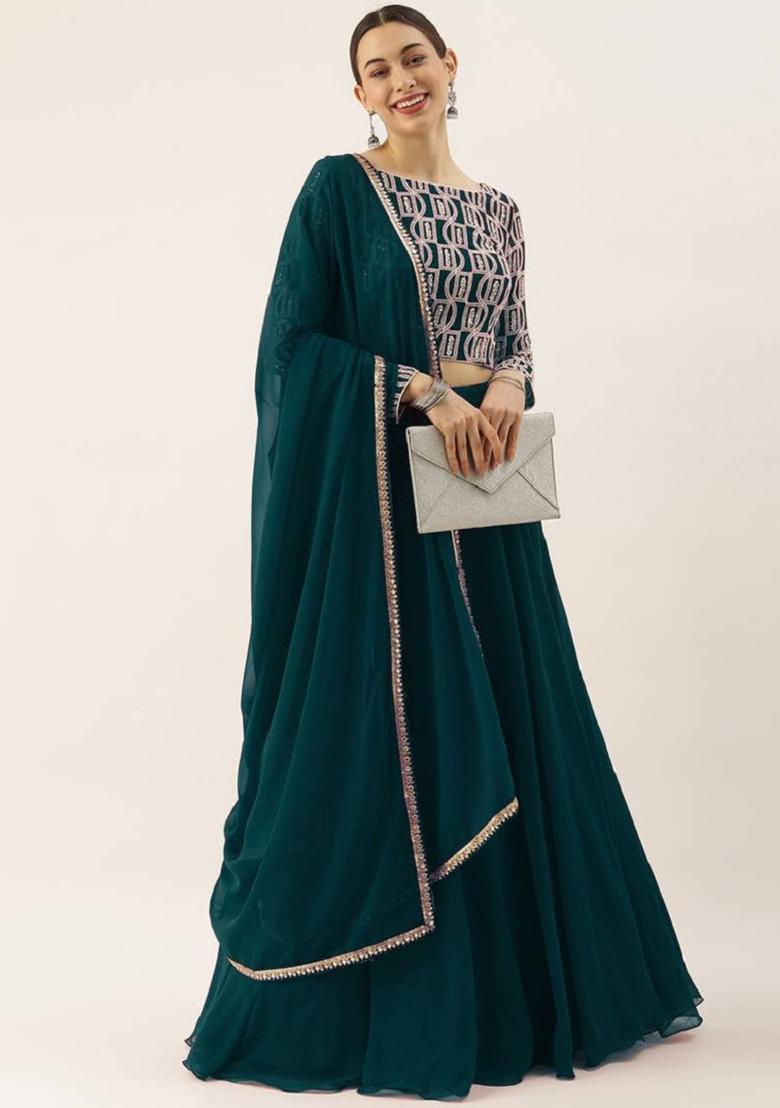 Green Embroidered Georgette Lehenga Set