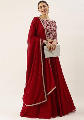 Red Embroidered Georgette Lehenga Set