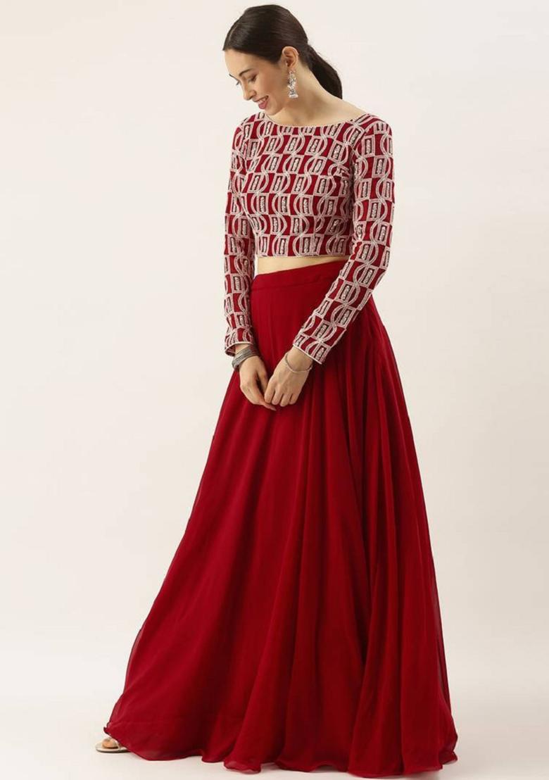 Red Embroidered Georgette Lehenga Set