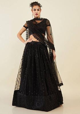 Black Embroidered Net Lehenga Set