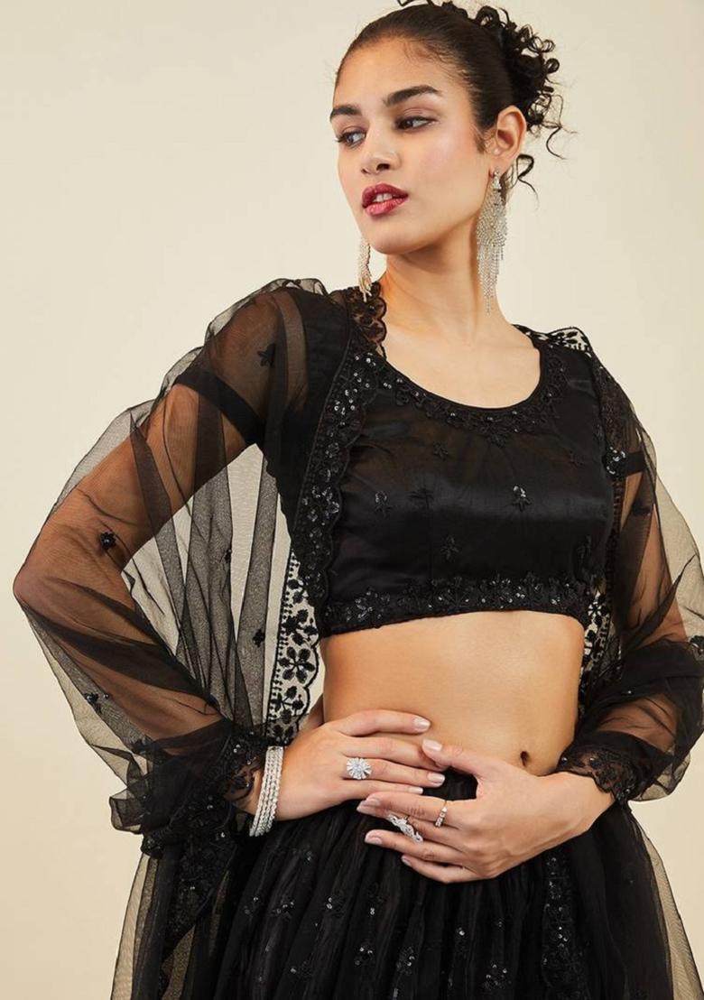 Black Embroidered Net Lehenga Set