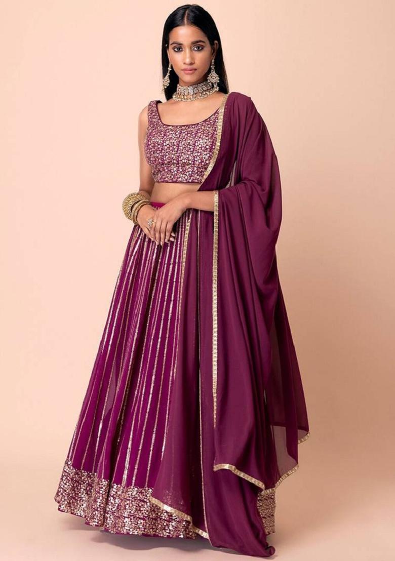 Wine Embroidered Georgette Lehenga Set
