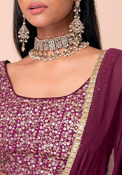 Wine Embroidered Georgette Lehenga Set