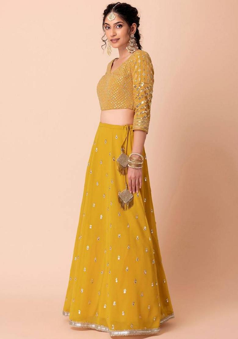 Yellow Embroidered Georgette Lehenga Set