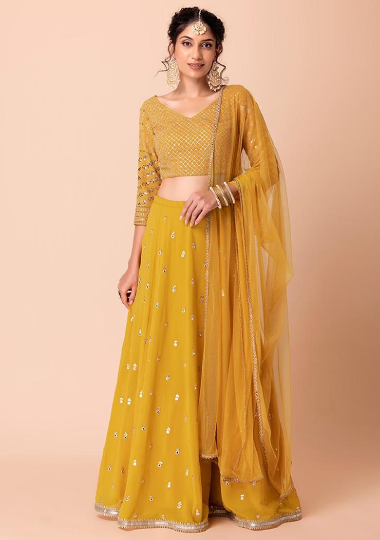 Yellow Embroidered Georgette Lehenga Set